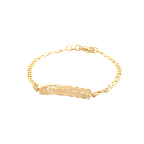 The I LOVE YOU plate Baby Bracelet with mariner link 14k gold filled is beautifully designed with a heart-shaped detail embellishing its charm.